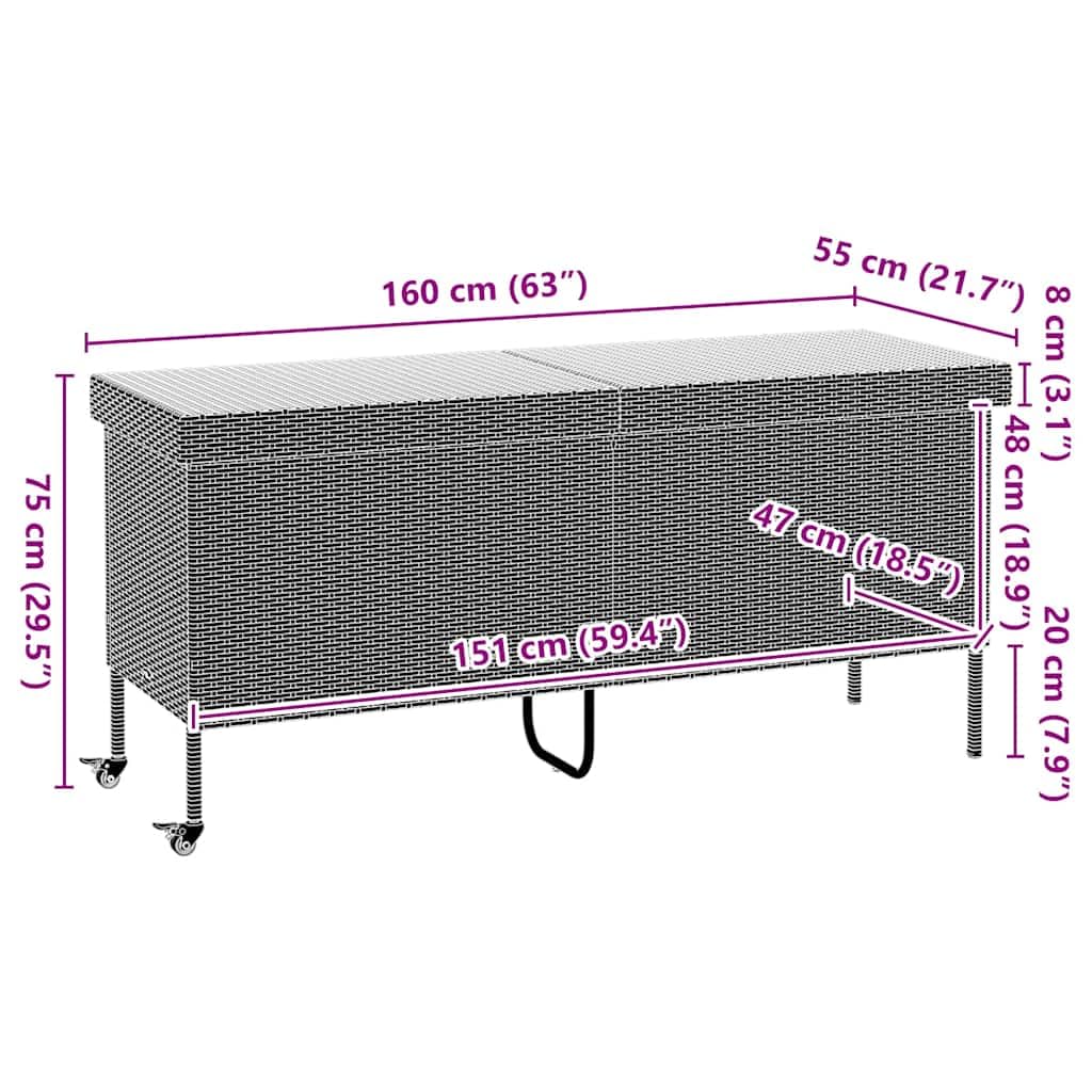Cassapanca da giardino con ruote, grigio chiaro, 160 x 55 x 75 cm, in polyrattan, resistente alle intemperie, per cuscini, cuscini e accessori, con vano portaoggetti, molla a gas