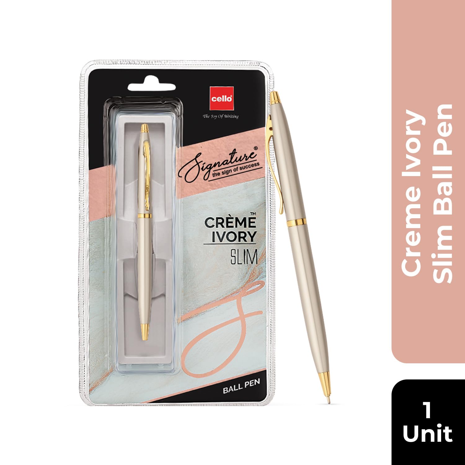 Cello Signature Crème Ivory Slim Ball Pen|Blue Ink|1 Ball Pen|Ivory and Gold Finish|Premium Metal Pens for Office Use|Stylish Gifts for Christmas and New Year|Gifts for Men and Women