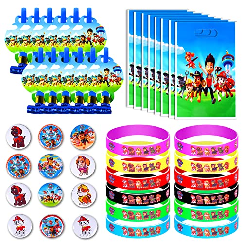 46PCS Paw Dog Patrol Cumpleaños de Regalo, Pulseras de Silicona, Insignia, Bolsas De Regalo y Matasuegras Fiesta Temática Paw Dog Patrol Fiesta de Cumpleaños Suministros Regalos Cumpleaños para Niños Cover