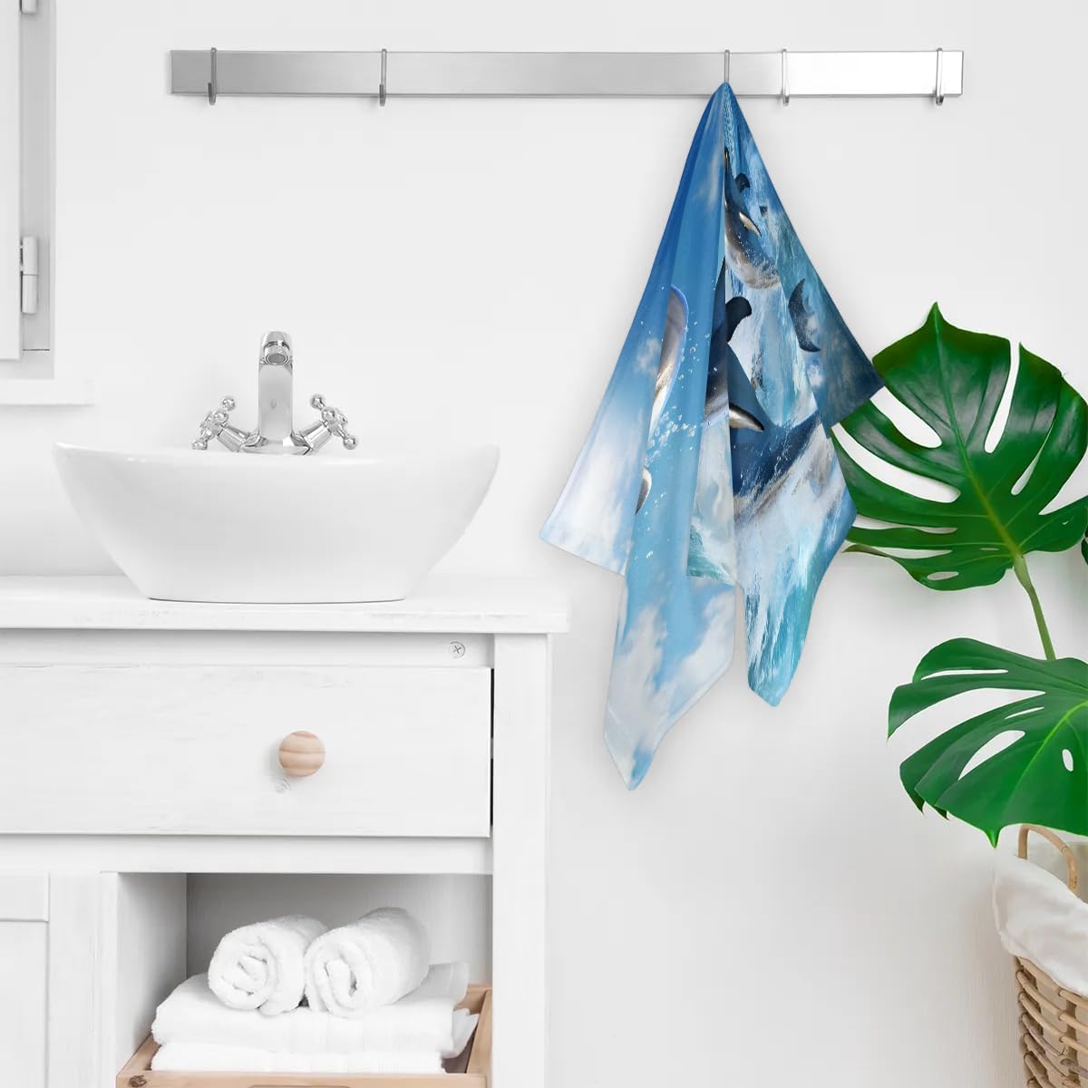 Blue Dolphin Print Hand Towels for Bathroom Set of 2 Soft Absorbent Decorative Bath Hand Towels Quick Dry Face Towel for Sport Gym Spa, 28.3 x 14.4 inches - Image 4