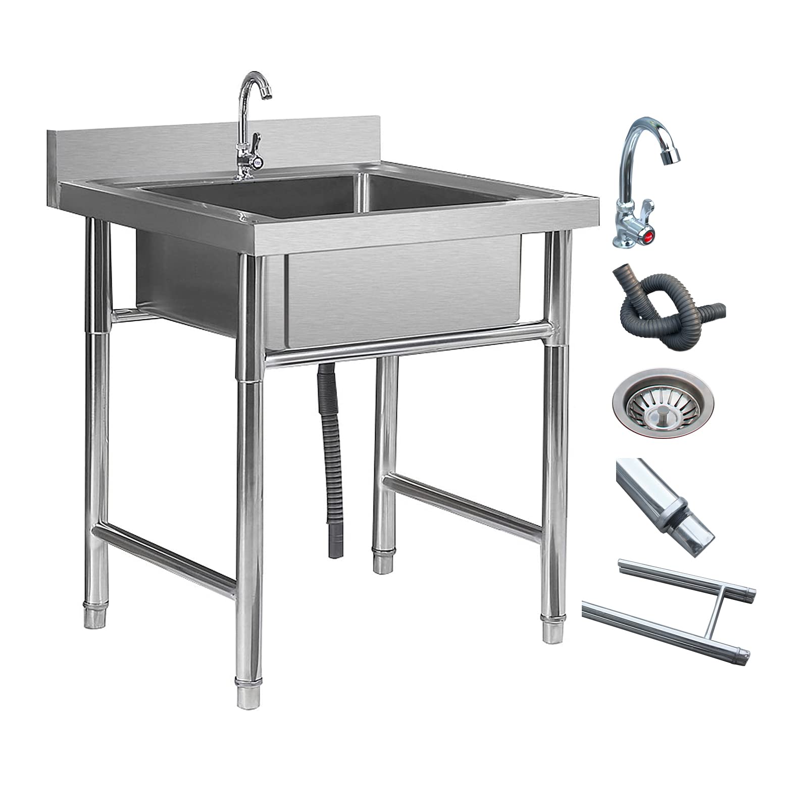 WIQUYBML Single Bowl Kitchen Sink Universal with Basket Strainer, 304 Stainless Steel,Freestanding for Commercial Restaurant