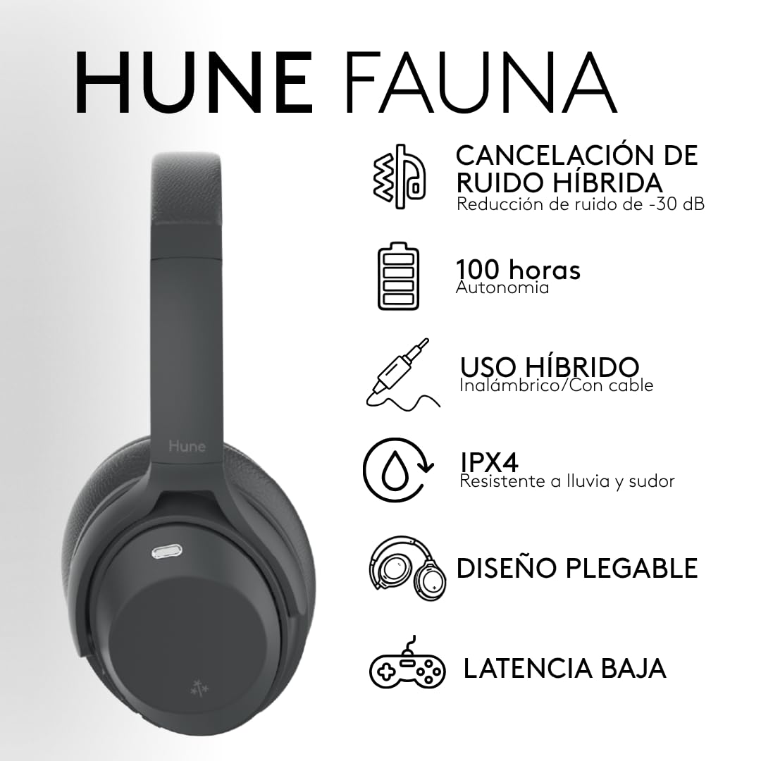 HUNE Auriculares Inalámbricos Over-Ear con ANC y Modo Ambiente, 100h Autonomía, Cancelación de Ruido Activa, Cascos Bluetooth Diadema Fauna