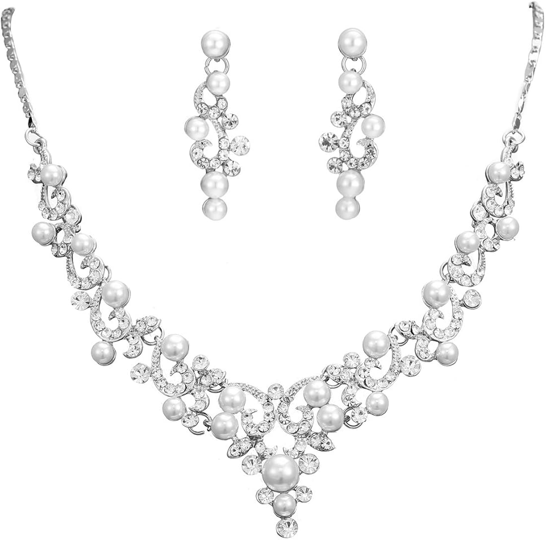 SSNUOY Bridal Wedding Jewelry Sets Pearl Tiara Necklace and