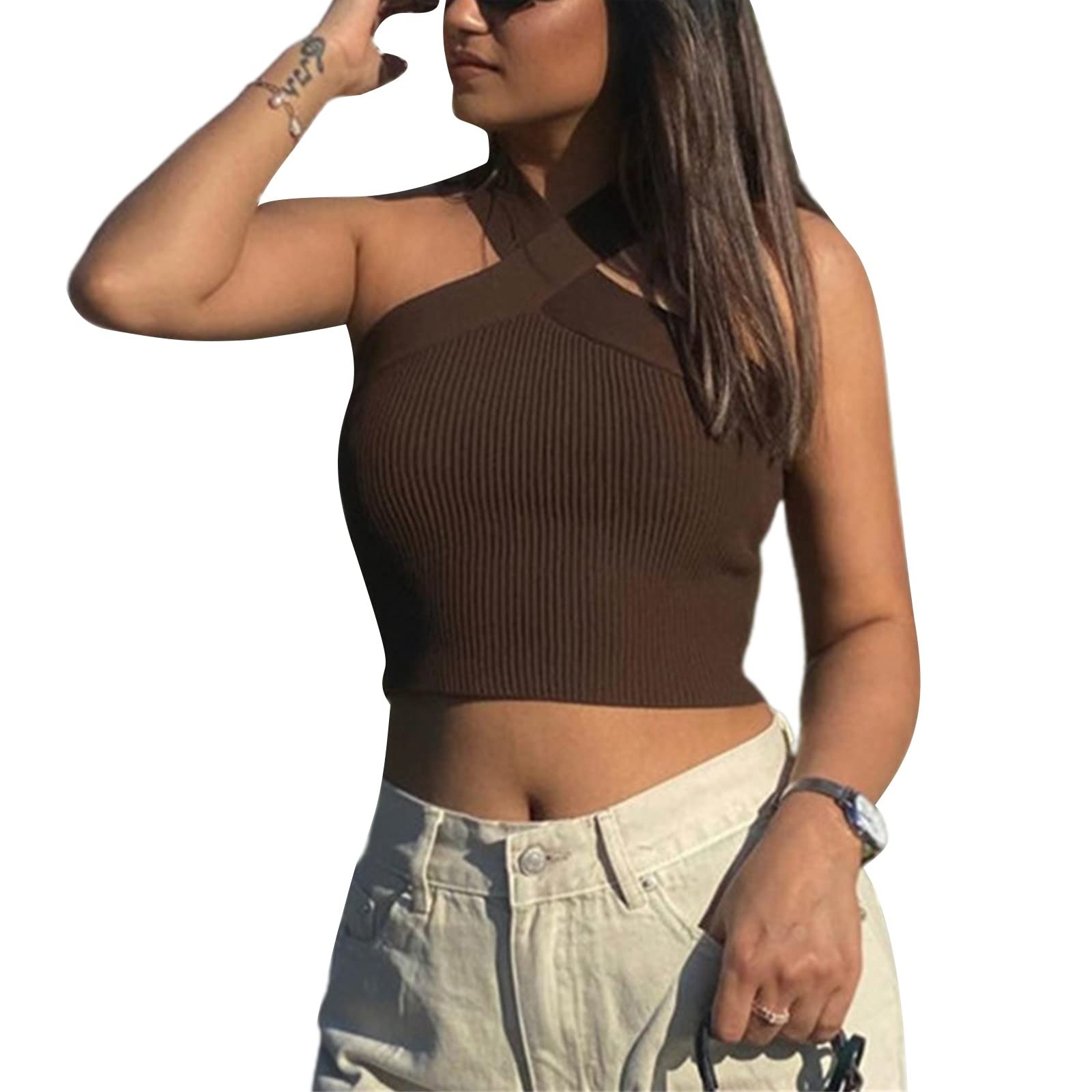 Women Sleeveless Ribbed Knit Crop Tank Tops Solid Color Backless Vest Hollow Out Strapless Tube Cropped Camisole