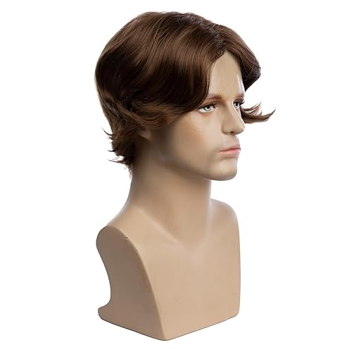 Miniatura 6 de Beweig Pelucas para hombre, color marrón, corta, rizada, esponjosa, peluca para cosplay, Halloween, disfraz de personaje, peluca para hombre