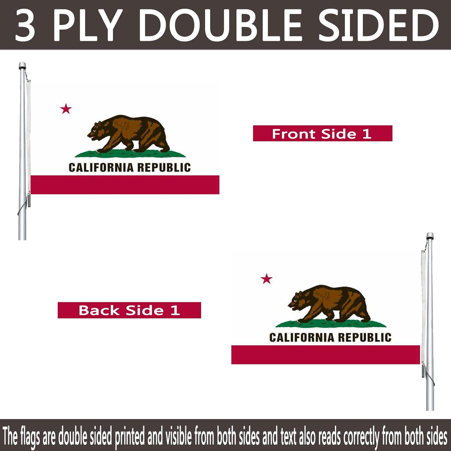 California Flag 5x8 Outdoor Double Sided- Heavy Duty California Republic Cali Bear Sate Flags Banner with 2 Brass Grommets 4 Rows Stitched
