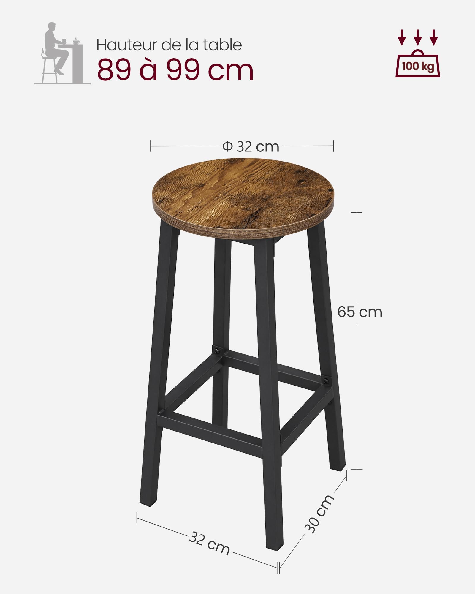 VASAGLE Tabourets de Bar, Lot de 2, Chaises, Siège Haut, Cadre Métallique, Montage Facile, Hauteur 65 cm, Repose-pieds, pour Cuisine, Salon, Salle à Manger, Marron Rustique et Noir LBC32X