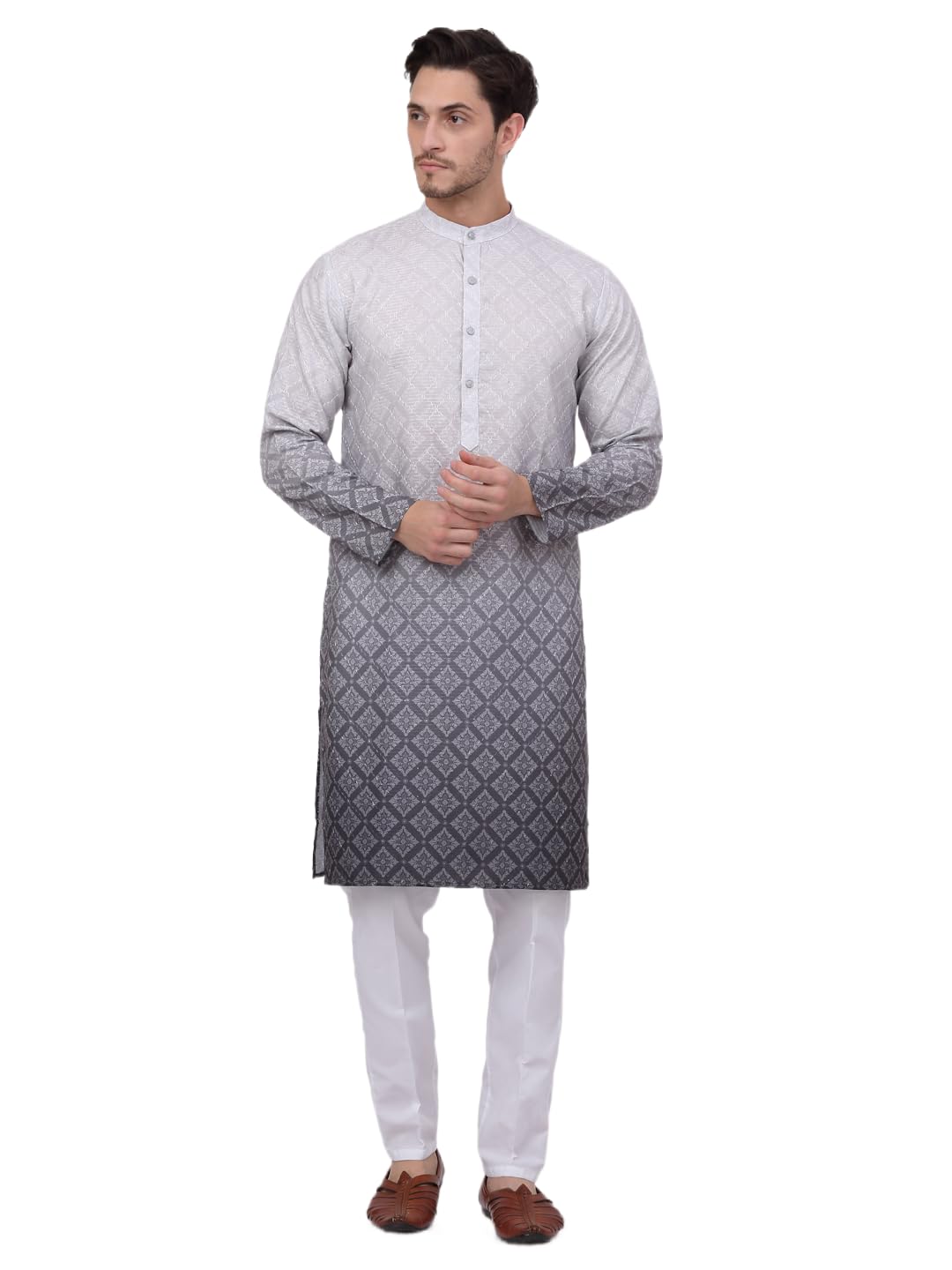 Jompers Men's Grey Ombre Printed Kurta Pyjama Set (Grey, L)