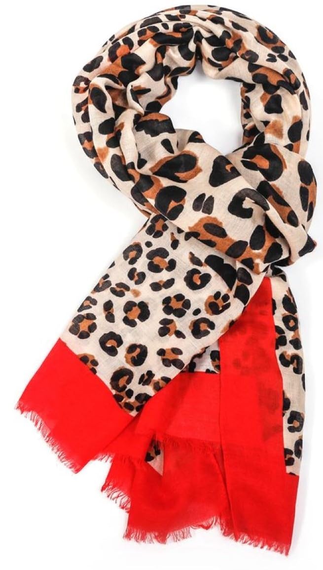 Glamlondon Women's Bm64-Red Leopard Print Scarf Multi Coloured Border (Bm64-Red)