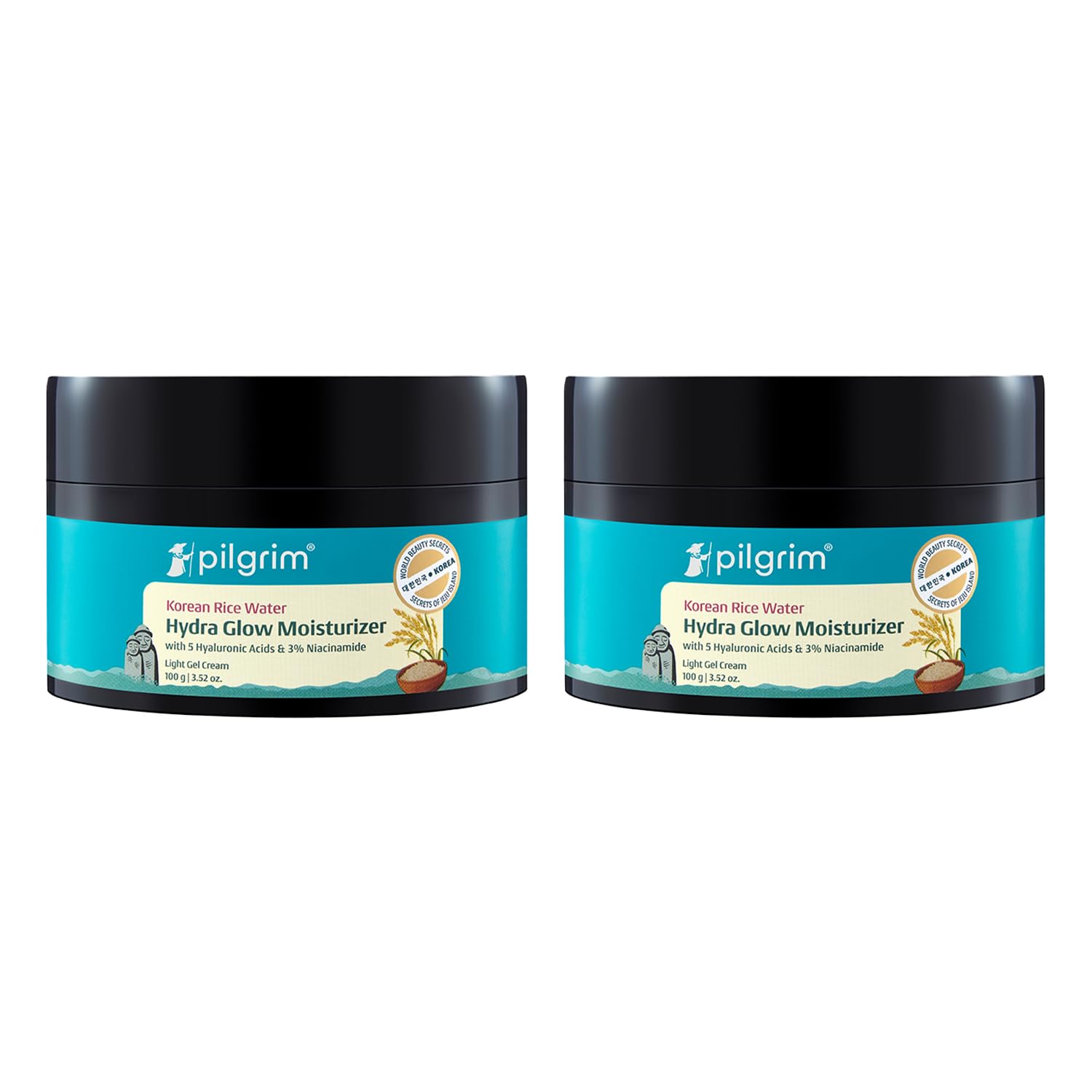 Pilgrim Korean Light Gel Oil Free Hydra Glow Moisturizer Cream 100 g| With Hyaluronic Acids, 3% Niacinamide, Rice Water for 5x Hydration & Instant Glass Skin | Hydrating Gel for All Skin Type - Pack of 2