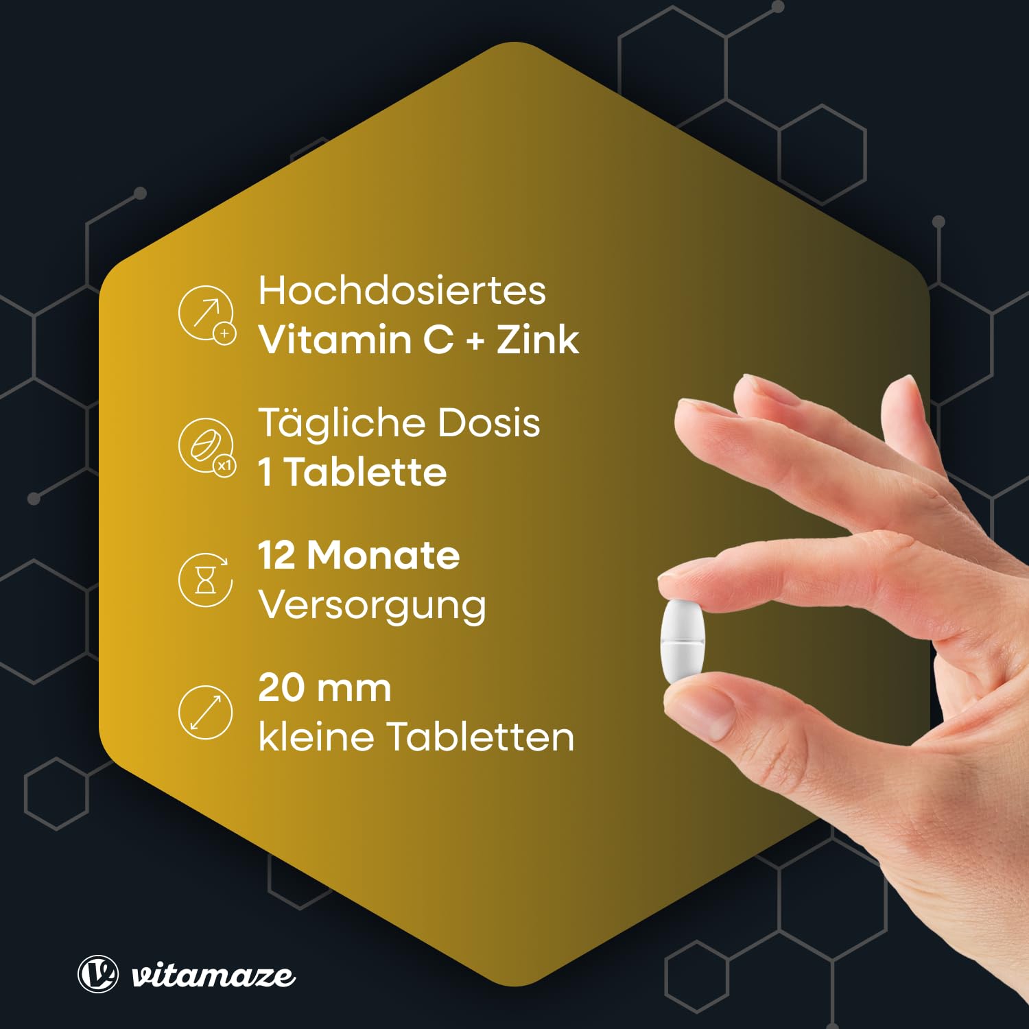 Vitamin C hochdosiert 1000 mg + Zink, 360 Tabletten für 1 Jahr, vegan & optimal bioverfügbar, Natürliche Nahrungsergänzung ohne unnötige Zusatzstoffe, Made in Germany