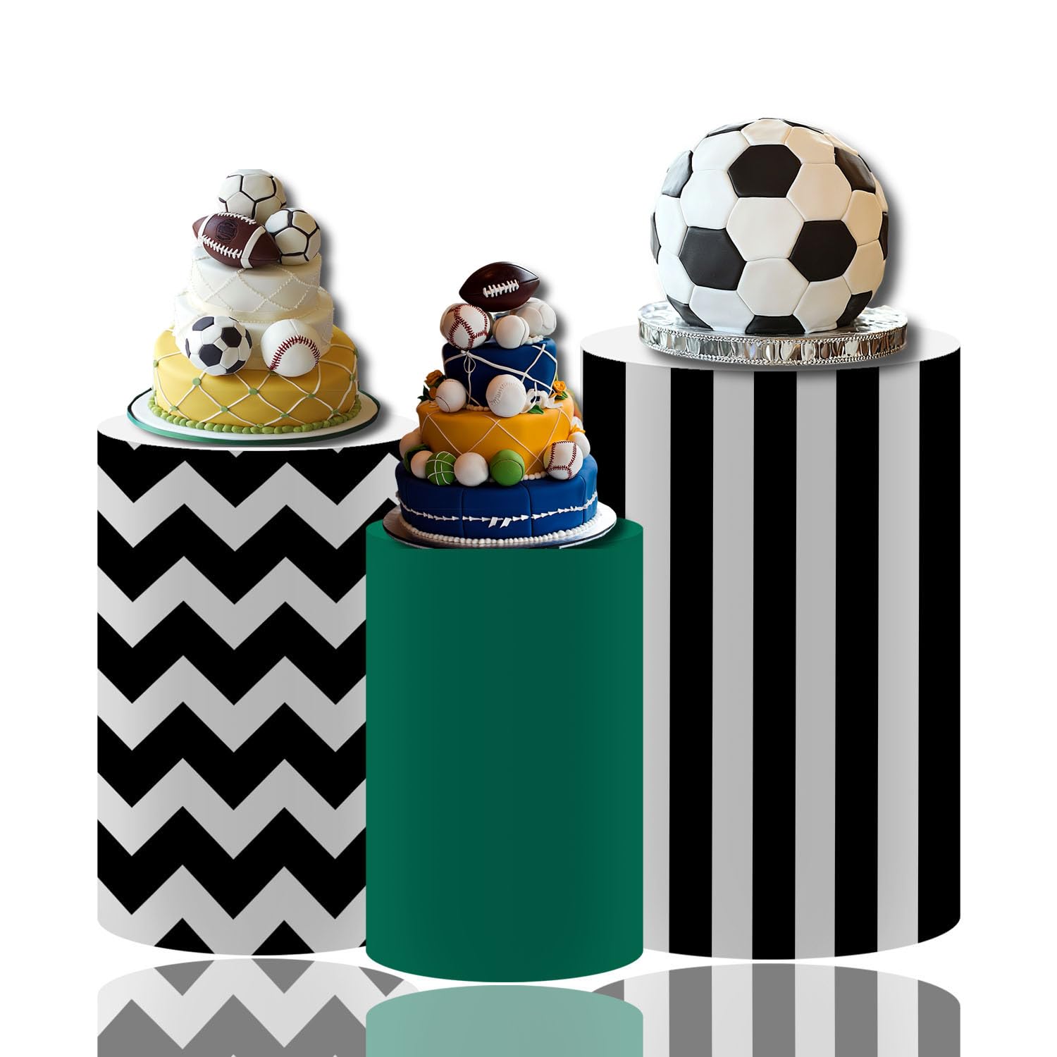 NIVIUS PHOTO Sports Football Theme Cylinder Display Pedestal Covers, Black and White Chevron, Striped and Green, Set of 3 (TZ069,Small-Set of 3)