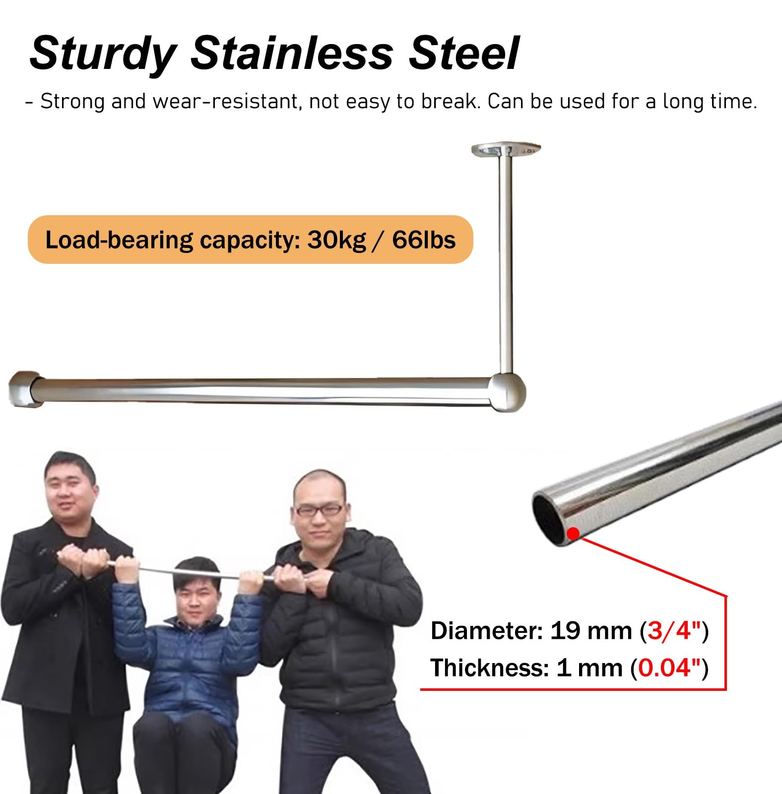 Barra de armario en forma de L con soporte, varillas de acero inoxidable para colgar ropa debajo del armario, barra de 100 cm (soporte corto)