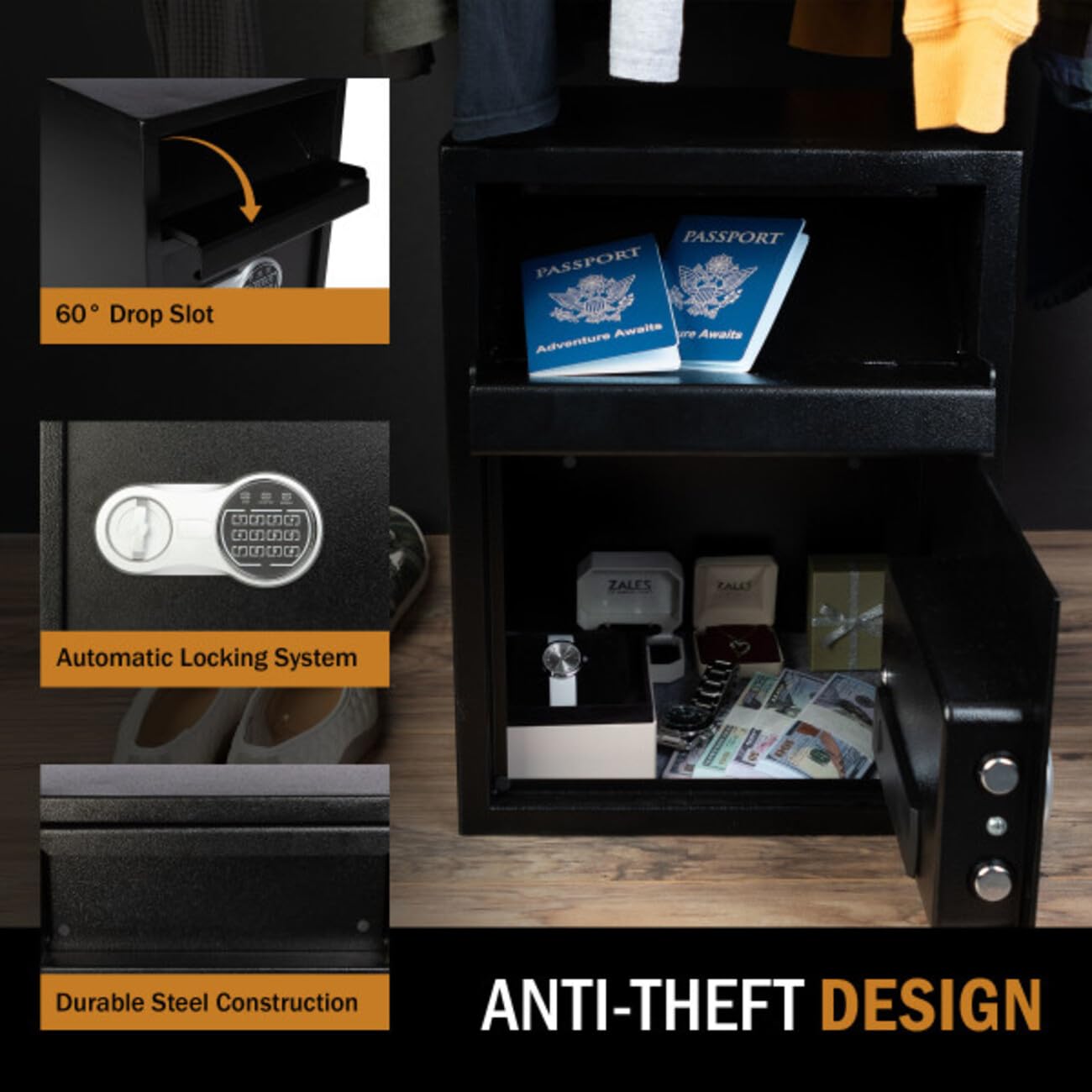 Stalwart - Caja de seguridad electrónica, caja fuerte con teclado digital y 2 llaves de anulación manuales para negocios o seguridad en el hogar (negro)