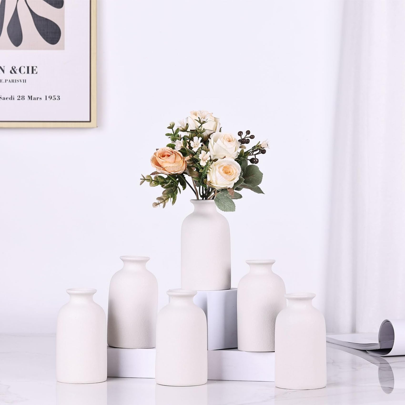 Set di 6 mini vasi bianchi in ceramica bianca per fiori, vaso moderno per la decorazione della tavola, piccolo vaso bohémien per la decorazione della casa, centrotavola sfusi per matrimoni, casa