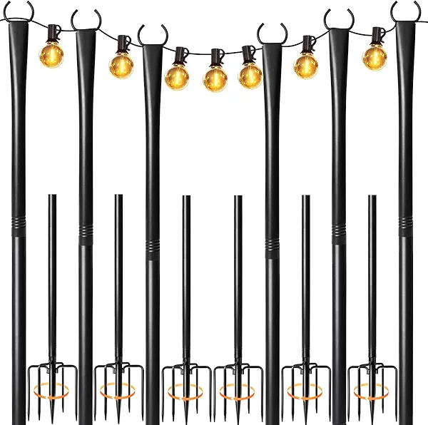 6 Pack String Light Poles for Outside, Heavy-Duty Metal Light Poles for Outdoor String Lights with Fork, Adjustable Lighting Accessories for Patio Decor Backyard Yard Pergola Garden Decorations