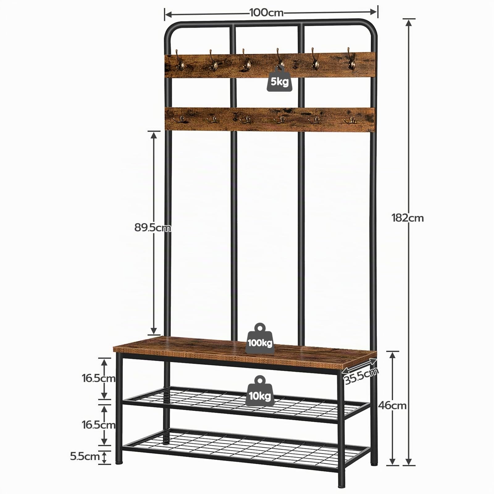 HOOBRO Grand Porte-Manteau, Meuble d’Entrée, avec Banc et Étagère à Chaussures 2 Niveaux, avec 12 Crochets, 100 x 35,5 x 182 cm, pour Couloir, Chambre, Style Industriel, EBF05MT01