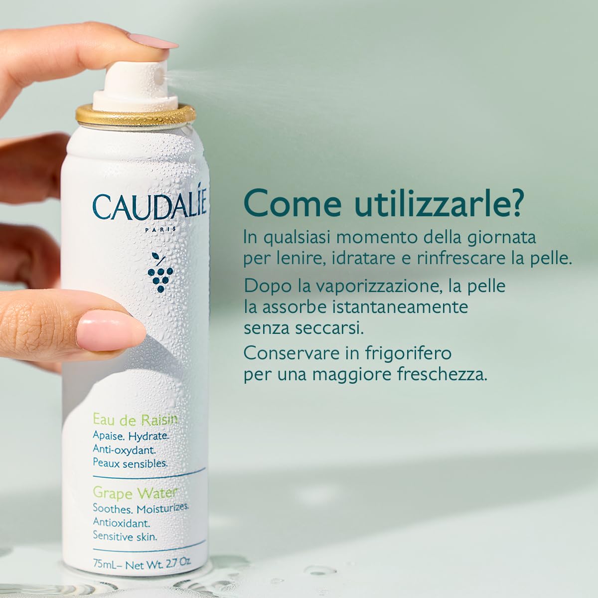 Caudalie Acqua d'Uva – Bruma Lenitiva e Idratante, 100% Uva Bio, Prebiotica e Antiossidante, Pelli Sensibili, Testata Dermatologicamente, Vegano, 300 mL