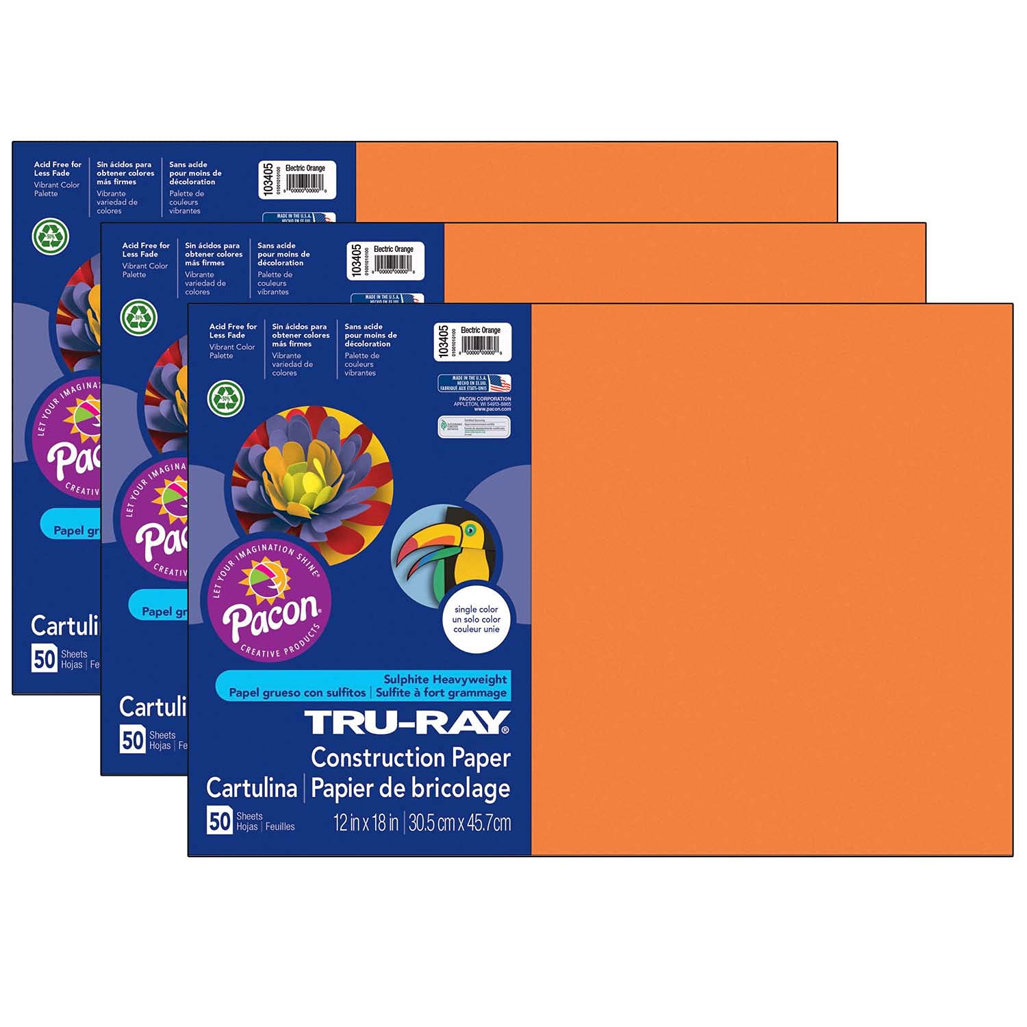 Tru-Ray(r) Construction Paper, Electric Orange, 12" x 18", 50 Sheets Per Pack, 3 Packs