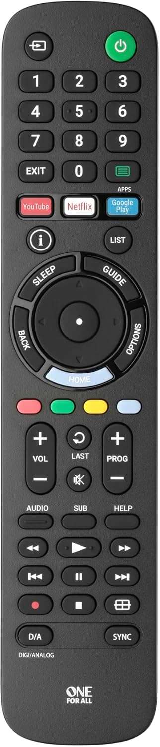 Mbele view of the One For All URC4912 Sony TV Replacement Remote Control