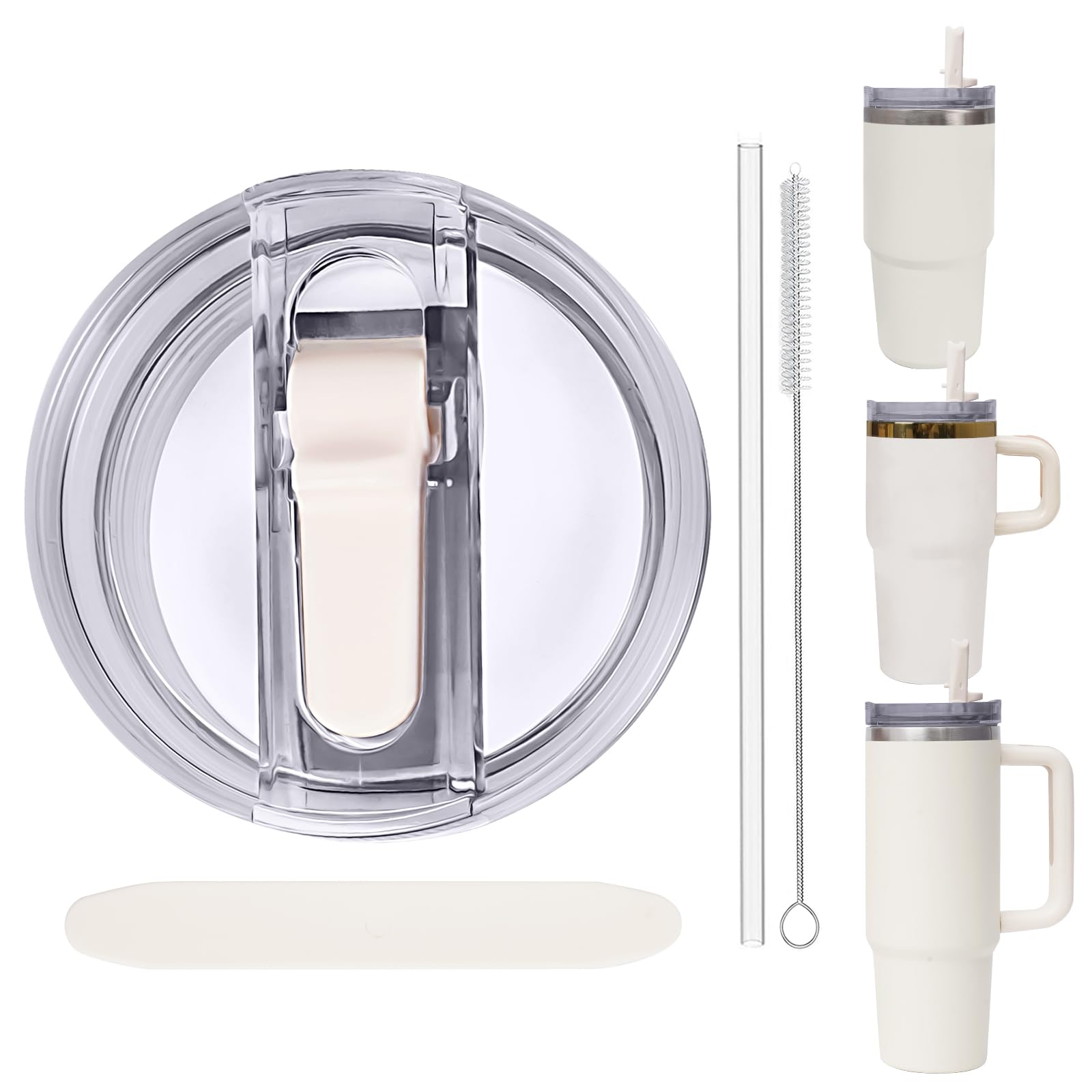 Replacement Leak Proof Tumbler FLIP Lid With Straw - Fit For Stanley ProTour Quencher and Quencher H2.0 20oz,30oz Tumbler (Cream-A, 20oz and 30oz)