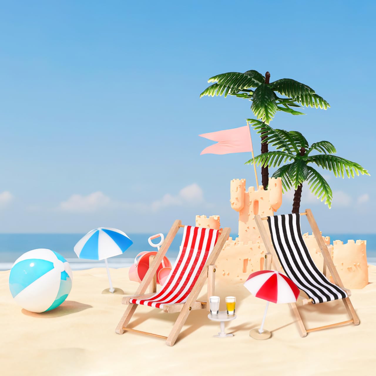 Didiseaon Set di paesaggi da spiaggia in miniatura con palme, ombrelloni, mini palme, ombrelloni, sedie a sdraio, bevande, tavolino rotondo, ornamento per