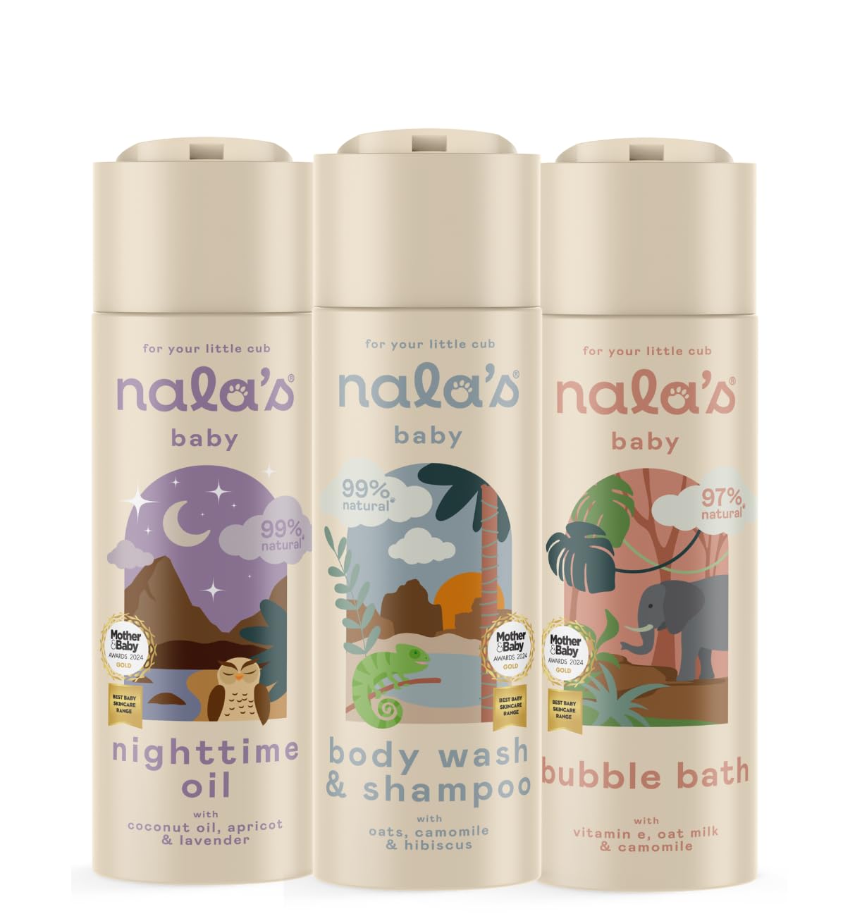 Bath-Time Bundle | Contains Body Wash & Shampoo, Nighttime Oil, Bubble Bath | Award-winning | Dermatologically-tested and Paediatrician-approved | Vegan | Nalas Baby