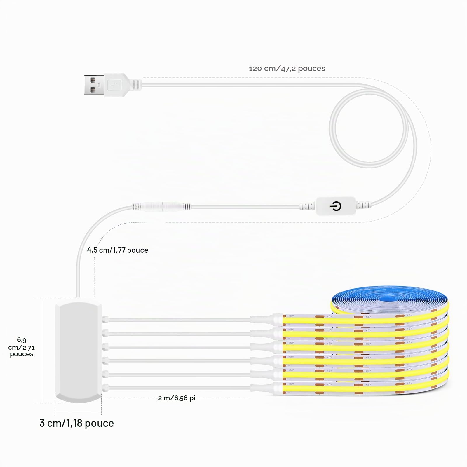 LRGBST 6 PCs 3M White COB LED Strip, 5V USB Dimmable COB LED Strip avec Touch Dimmer Switch pour les vitrines des panneaux acoustiques sous l'éclairage du cabinet