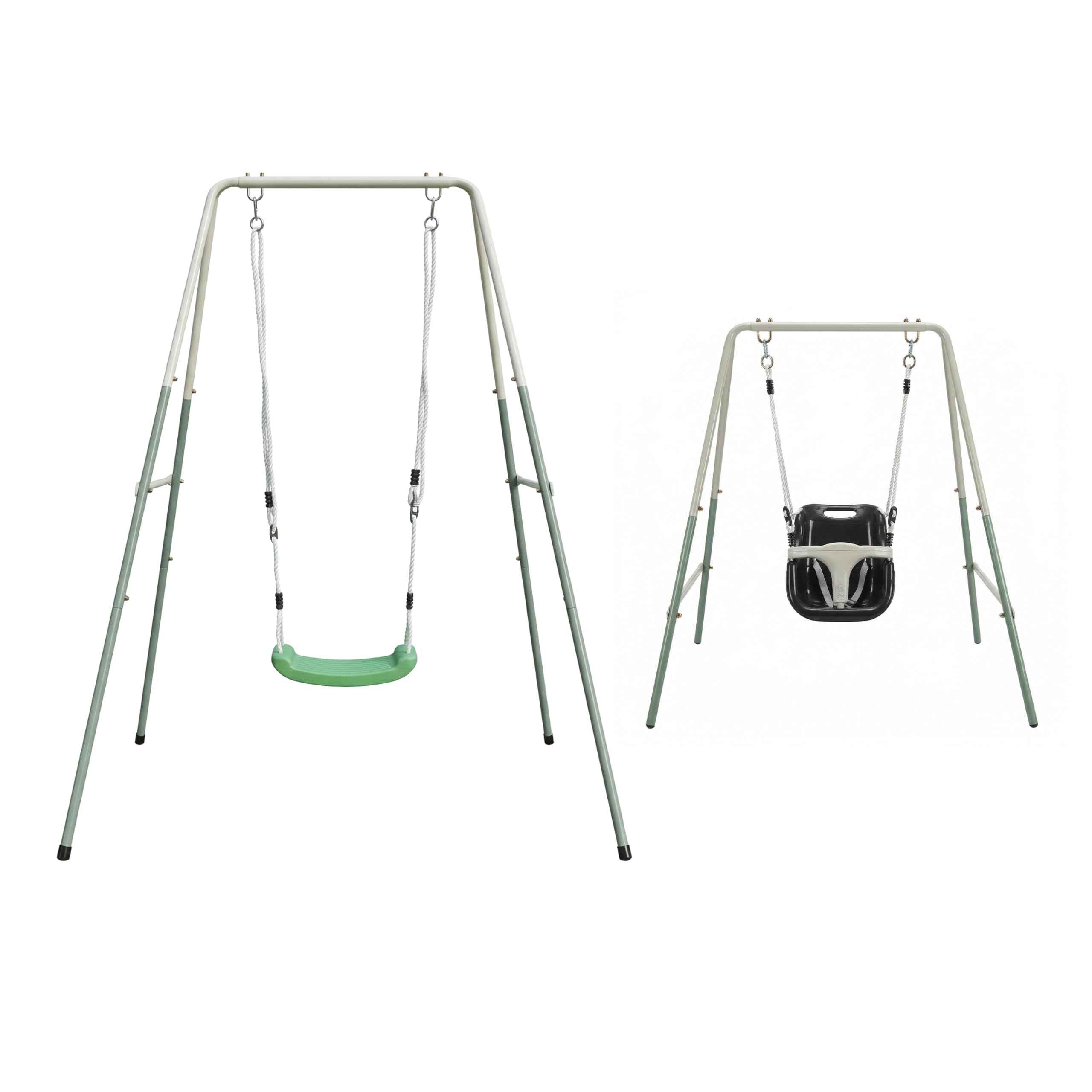 Balançoire Axi avec siège bébé et enfant portique métal vert crème
