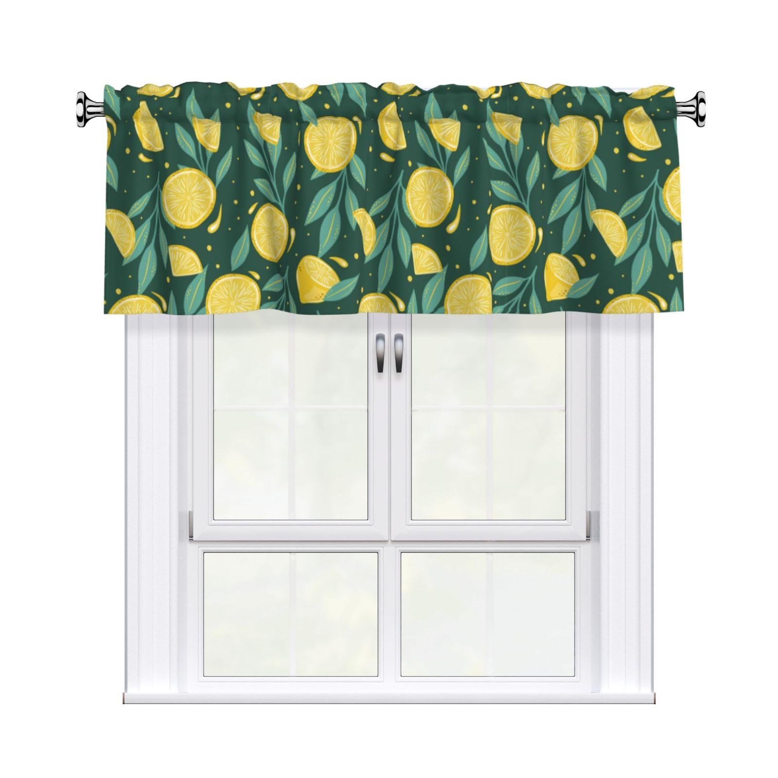 Noble Ren Dark Green Watercolor Lemon Short Curtain Valance 54x18in For Kitchen Bathroom Cafe Living Room Decoration