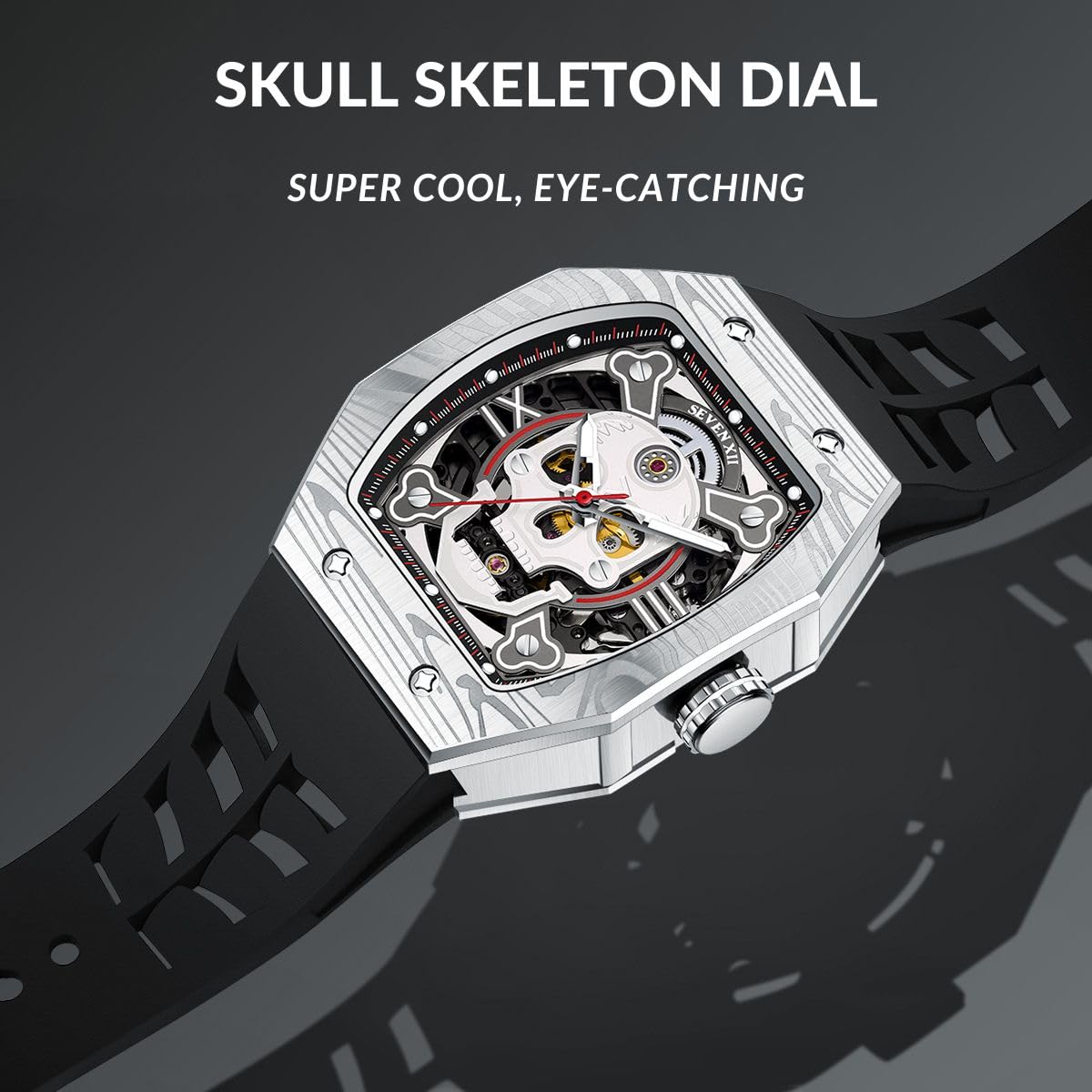 Automatische Herren Uhren Tonneau Schädel Skelett Zifferblatt 70 Stunden Stromreserve Mechanische Uhren Luminöser wasserdichte Saphirspiegel Mode Luxus Uhr S001