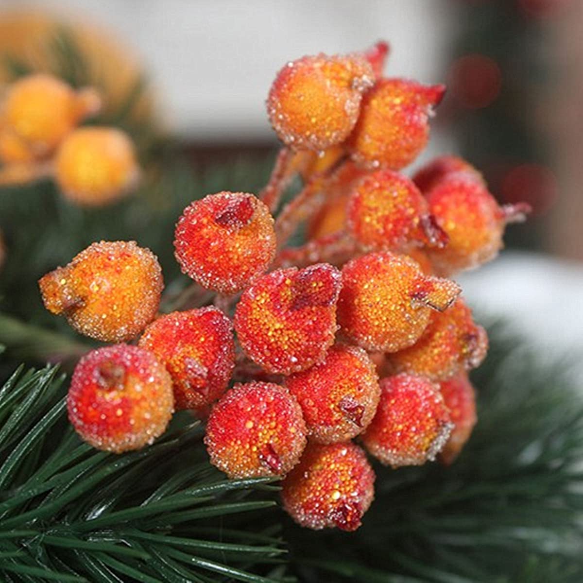 KKSTY 200 Pcs/100 Wired Berries Stems Artificial Frosted Berries Christmas Holly Berries Mini Fruits for Xmas Tree Decoration Wreath Garland Making Supplies… (Orange) - Image 4