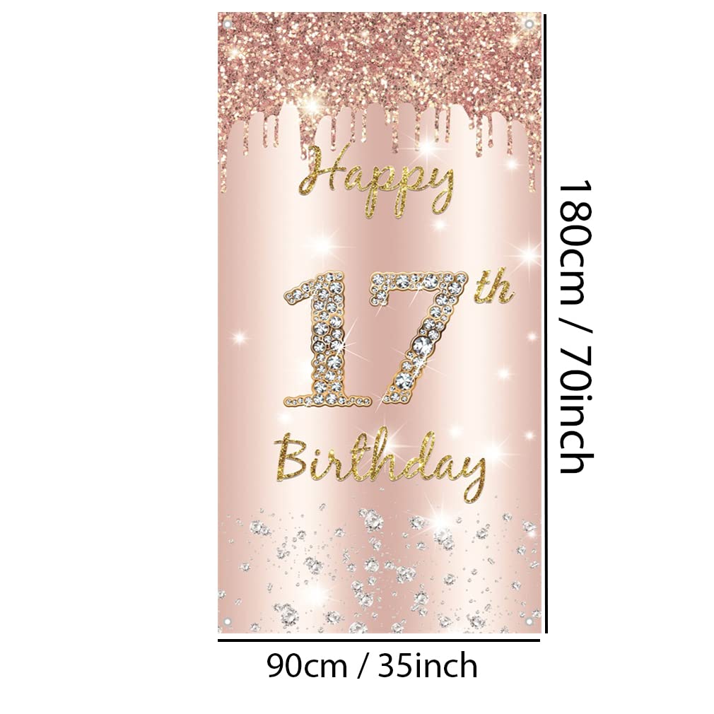 ByShane - Decoratie Voor 17e Verjaardag Meisje - Roségouden Banner En Stoffen Bord Feestelijke Poster Voor Verjaardagsfeest Achtergrondbanner ByShane - Decoratie Voor 17e Verjaardag Meisje - Roségouden Banner En Stoffen Bord Feestelijke Poster Voor Verjaardagsfeest Achtergrondbanner