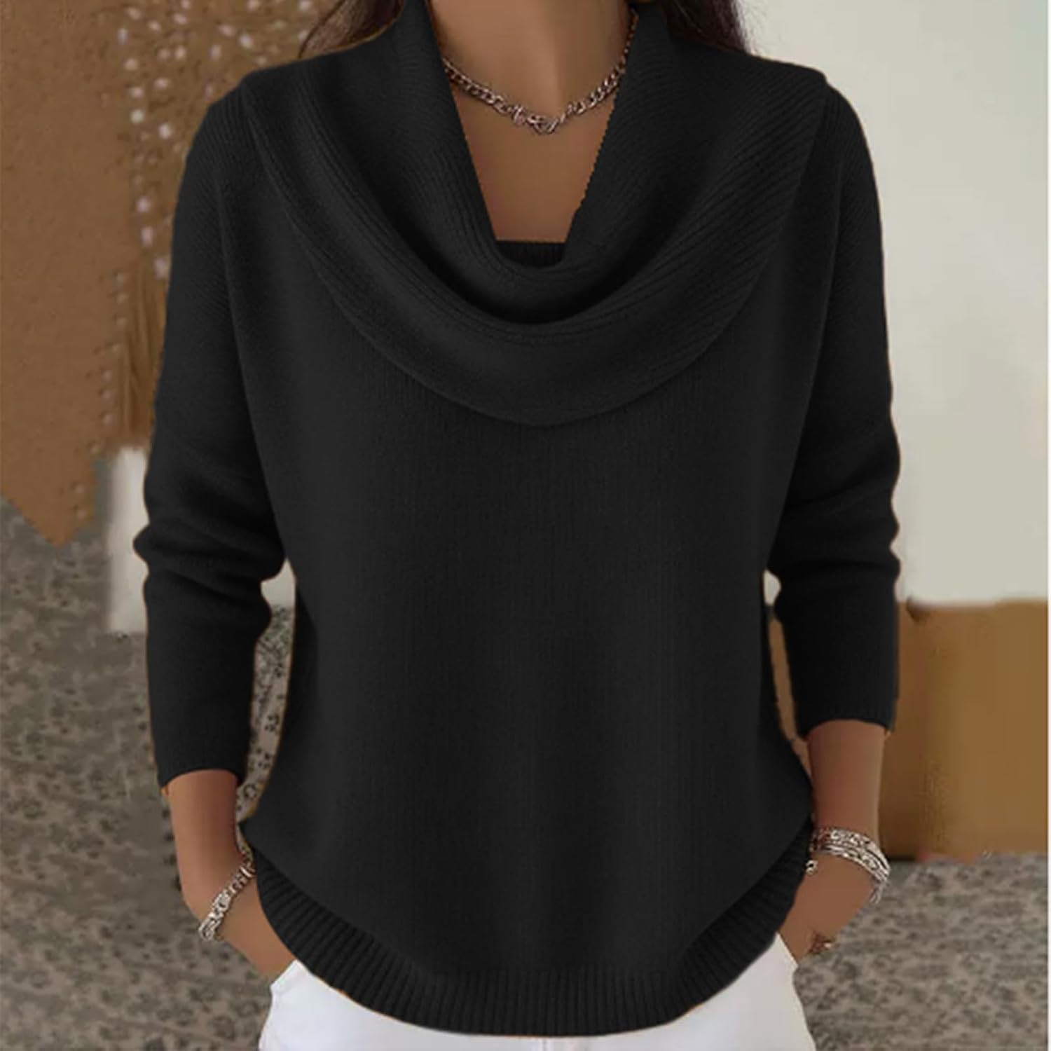 Cowl Neck Sweaters for Women Fall Winter Lightweight Long Sleeve Sweater Casual Loose Basic Knit Pullover Tops - Image 2