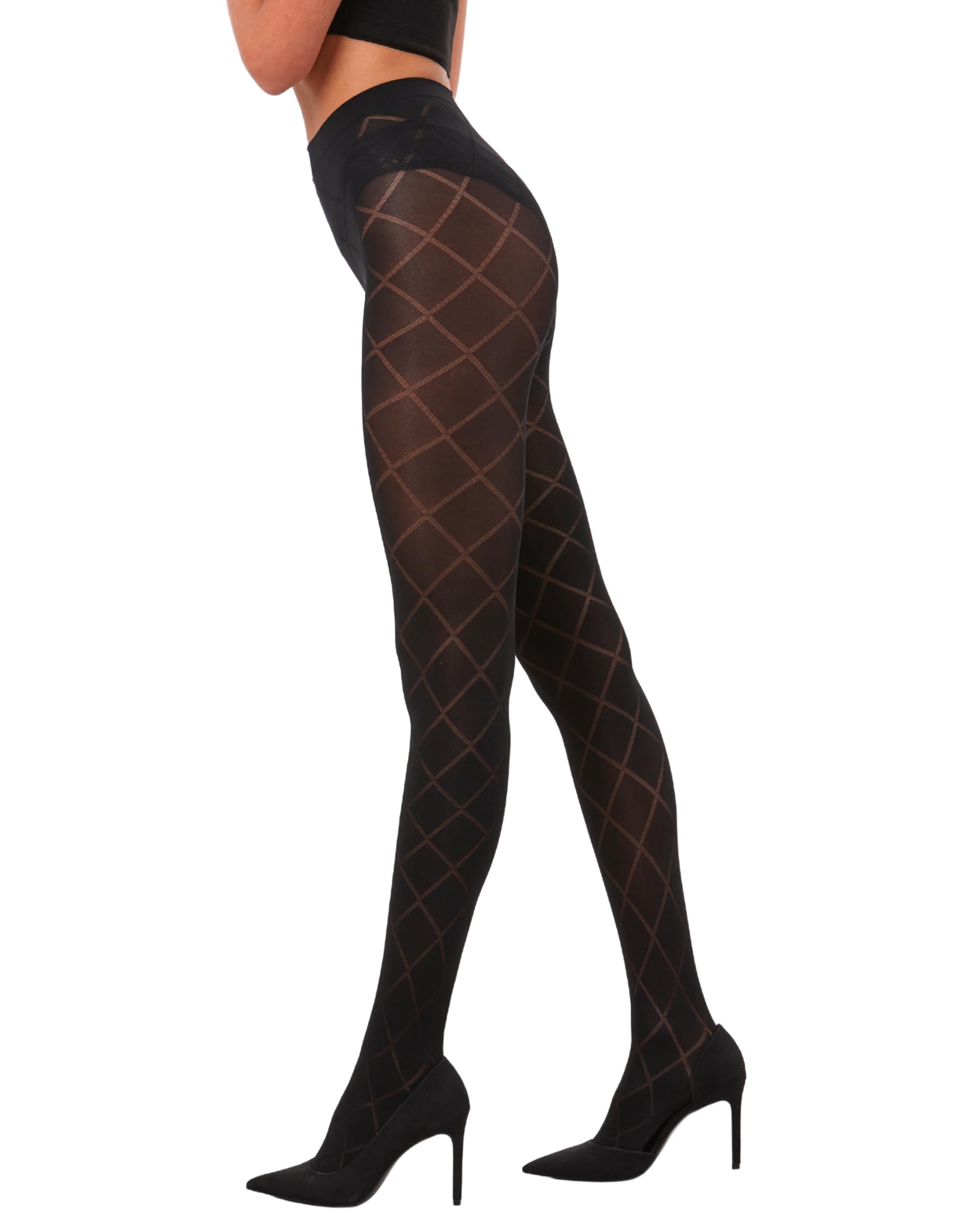 Silky Patterned Tights with Diamond Opaque Pattern Design 70 Denier 3D - Black - Medium