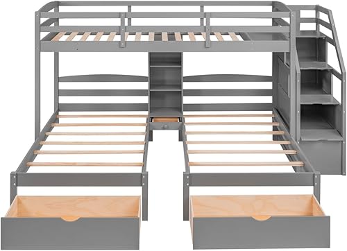 Miniatura 5 de Litera triple para 3 litera individual sobre individual y individual con tres cajones y tres estantes integrados marco de litera triple 3 en 1 con