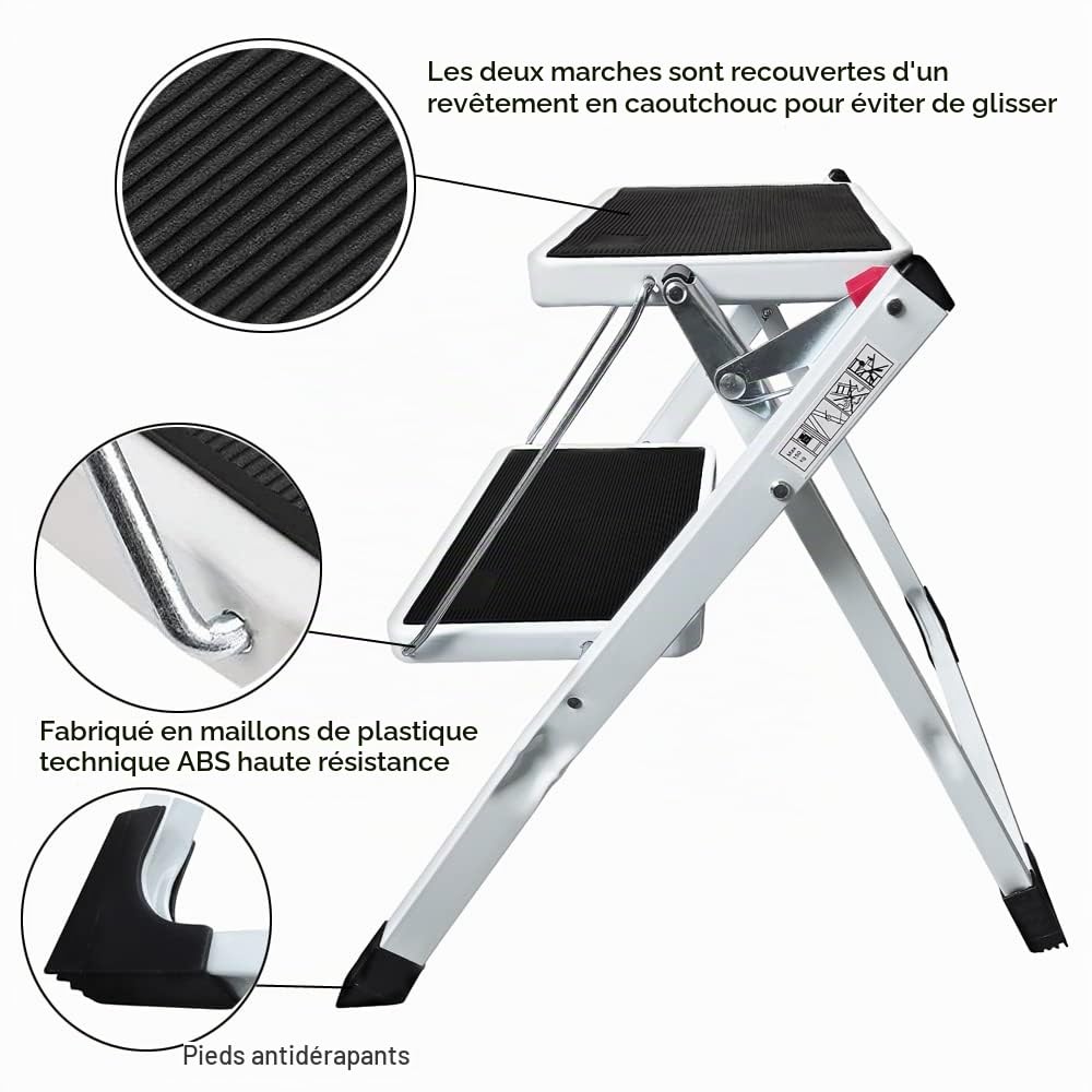 Escabeau Pliant Portatif de Tabouret Robuste à 2 Marches avec Pédales Antidérapantes en Caoutchouc Capacité de Charge Maximale 150kg