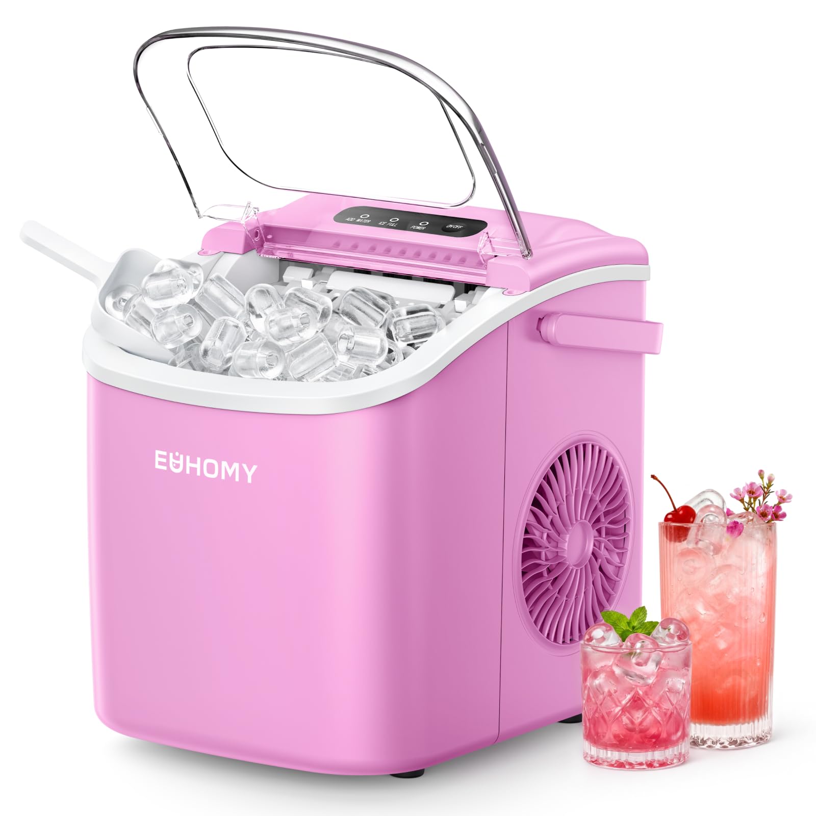 EUHOMY Máquina de hielo de banco con mango, 11,8 kg por día, 9 cubitos de hielo listos en 6 minutos, autolimpieza, para cocina, hogar, camping, caravana, fiesta, dormitorio