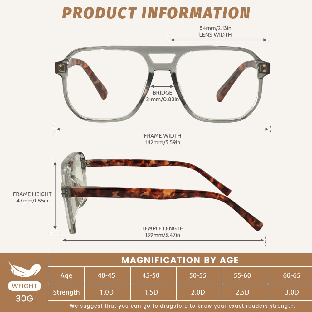 Lot de 3 Lunettes de Lecture Aviateur Homme avec Lumière Bleue Lunettes de Lecture Rétro pour Ordinateur 1.5 Gris Caravane Noir Grande