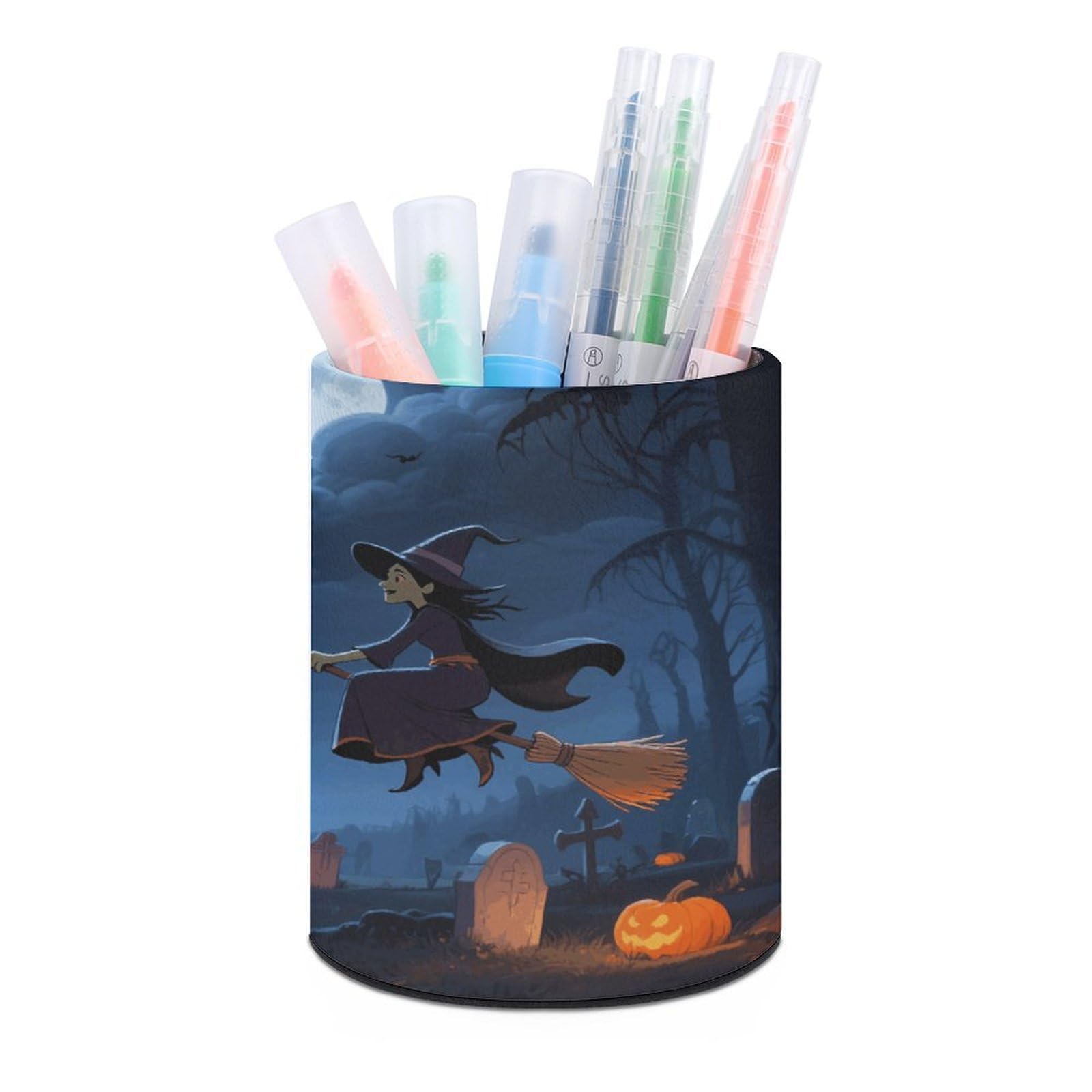 VstaDank Orange Pumpkin Witch Scary Castle Pen Holder Round Pencil Holder Cup Pen Container PU Leather Desk Organizer Stand Decor Brush Scissor Holders Decoration Office Desk Home (3.1 X 3.9 Inches)