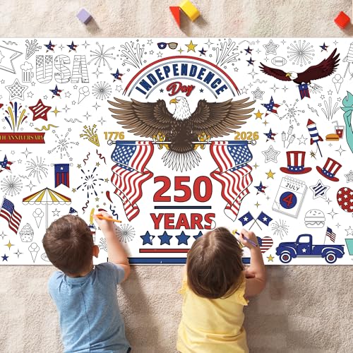 Image of OHOME 4th of July Giant Coloring Poster /Tablecloth - 250th Anniversary Decorations | Kids Gifts Crafts Games Toys Activities Party Decor for Classroom School | 250th Anniversary Merchandise