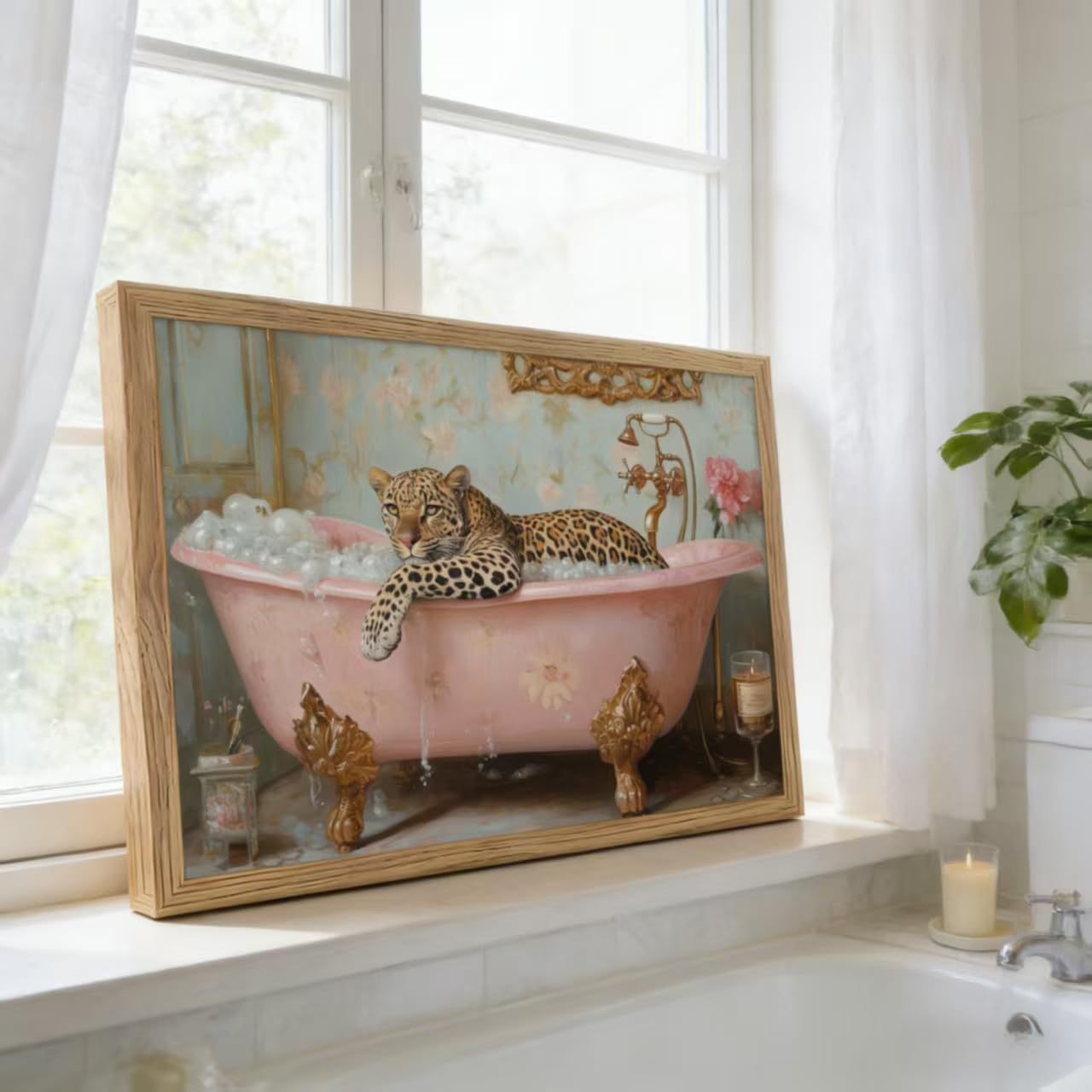 Framed Pink Leopard in Bathtub Canvas Wall Art Funny Cheetah Wall Decor Picture Vintage Animal Bathroom Aesthetic Poster Print for Bathroom Toilet Home Decoration