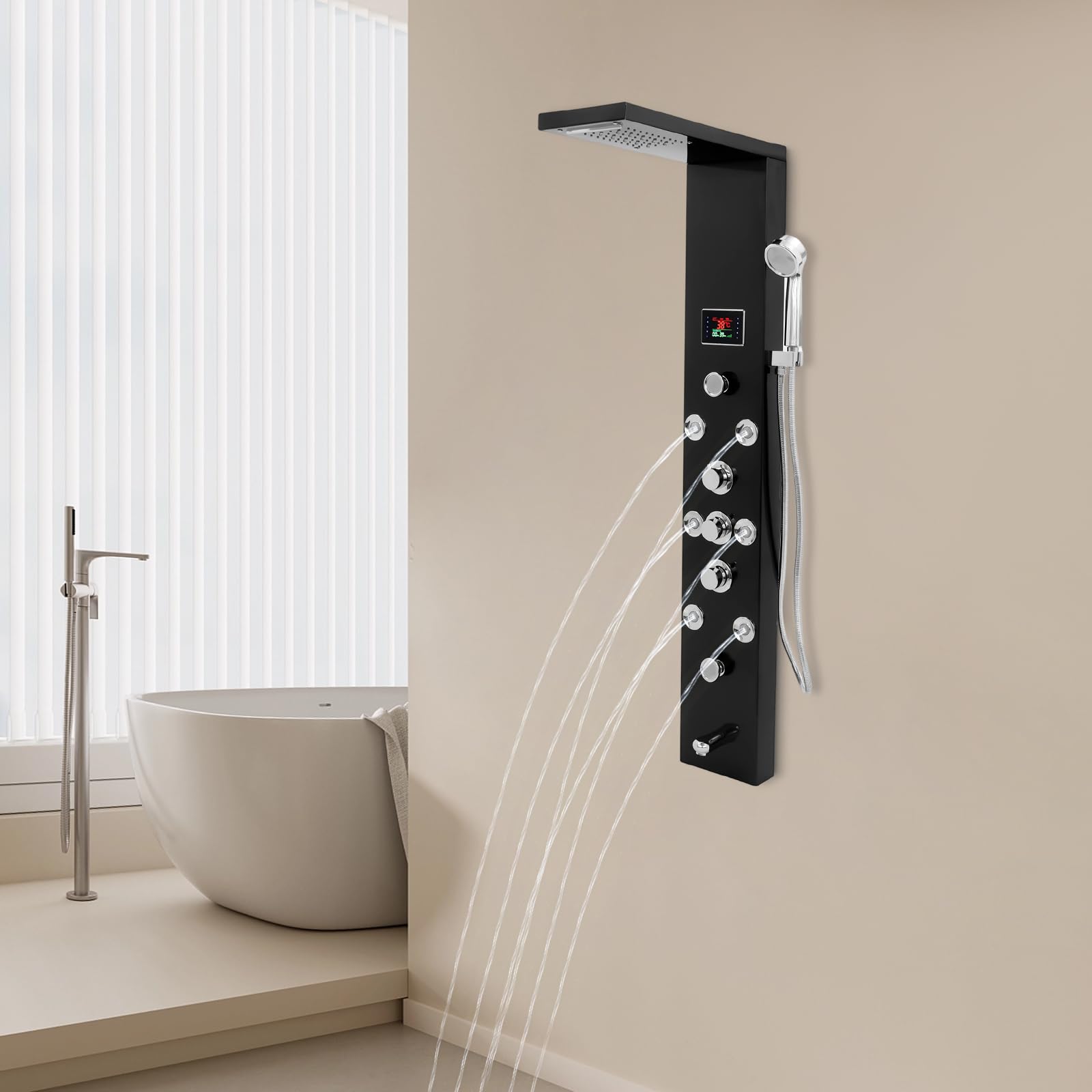 Panel de ducha 6 en 1 de acero inoxidable negro con indicador de temperatura LED, ducha de masaje, cascada, hidroeléctrica, montaje en pared, 8 duessen