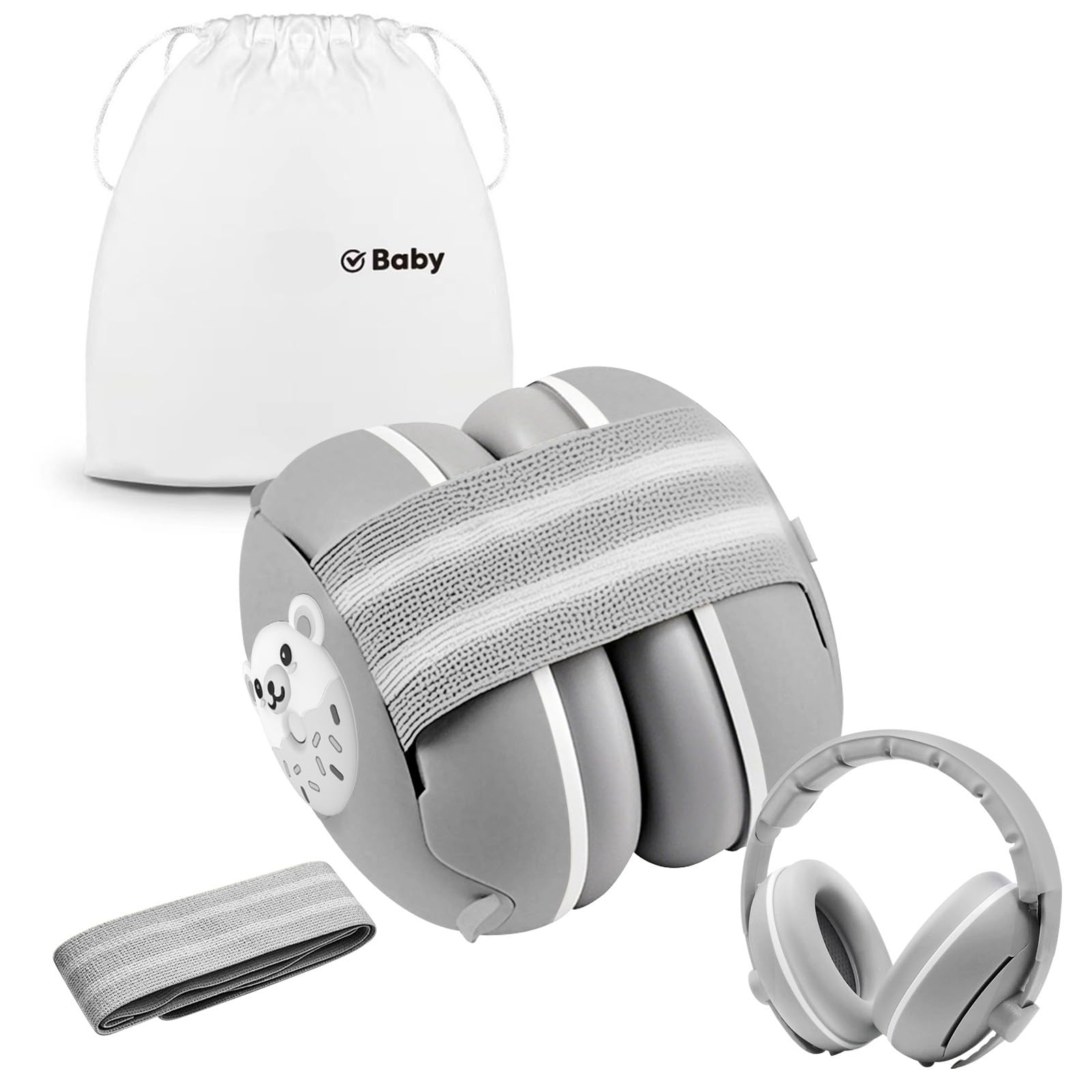 Robofun 2-in-1 Gehörschutz Baby Kopfhörer, Neugeboren Ohrenschützer mit Geräuschunterdrückung & Verstellbares Kopfband, Baby Kopfhörer Lärmschutz für Babys bis 48 Monate -Grau