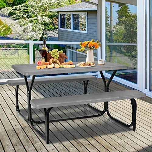 HAPPYGRILL-Outdoor-Picnic-Table-Bench-Set-with-Metal-Frame-All-Weather-Resistant-Surface-Camping-Table-Set-for-Patio-Backyard-Poolside-Garden-Dining-Party HAPPYGRILL Outdoor Picnic Table Bench Set with Metal Frame All Weather Resistant Surface Camping Table Set for Patio Backyard Poolside Garden Dining Party