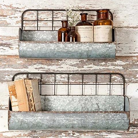 Colonial Tin Works Set of Two-Decorative Wire Back Wall Shelves-Industrial, Rustic Grey/Rust Cover