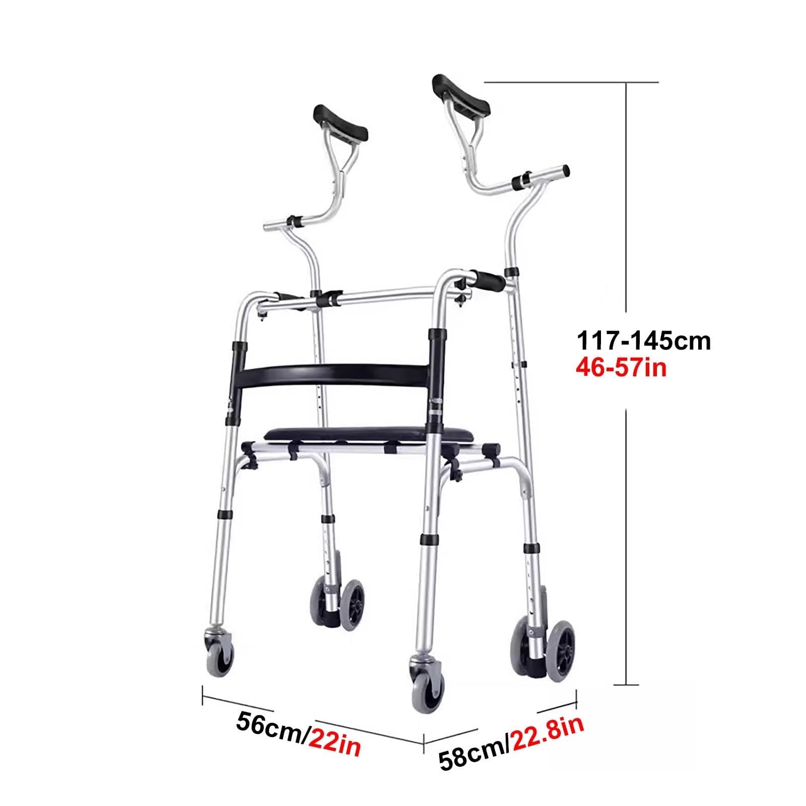 Czterokołowy chodzik z siedziskiem dla seniorów, składany, zdejmowane podłokietniki, regulacja wysokości, wysoka obciążalność, nadaje się do treningu rehabilitacyjnego