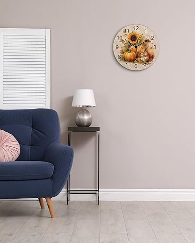 Miniatura 4 de Reloj de pared silencioso de PVC de 10 pulgadas, redondo, con girasol, calabaza, otoño, Acción de Gracias, reloj colgante para cocina, sin tictac,