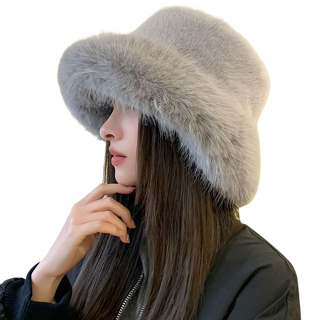 SLINX FDM02 여성용 버킷햇, 털모자, 인조모피, 추위로부터 보호, 작은 얼굴 효과, 푹신한 털모자, 귀엽고 견고한 스타일, 가을 겨울, 따뜻함, 접이식, 크기 조절 가능, 직장이나 학교에서 사용 가능