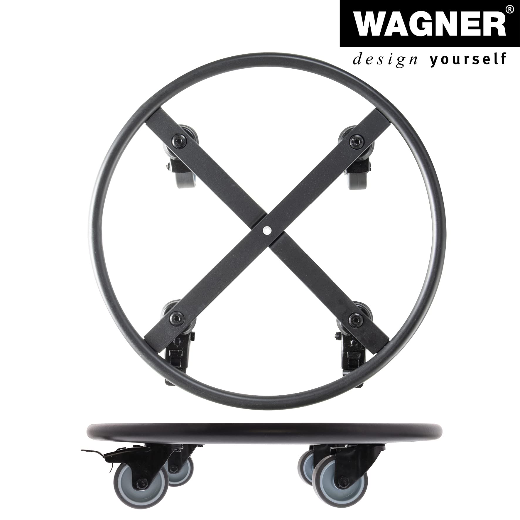 WAGNER Pflanzenroller Skelett Round - Ø 38 x 8 cm I Pflanzenroller, Soft-Rollen mit Bremsen I für Innen - & Außenbereich I Blumenroller Stahl beschichtet schwarz I Tragkraft 150 kg - 20701201